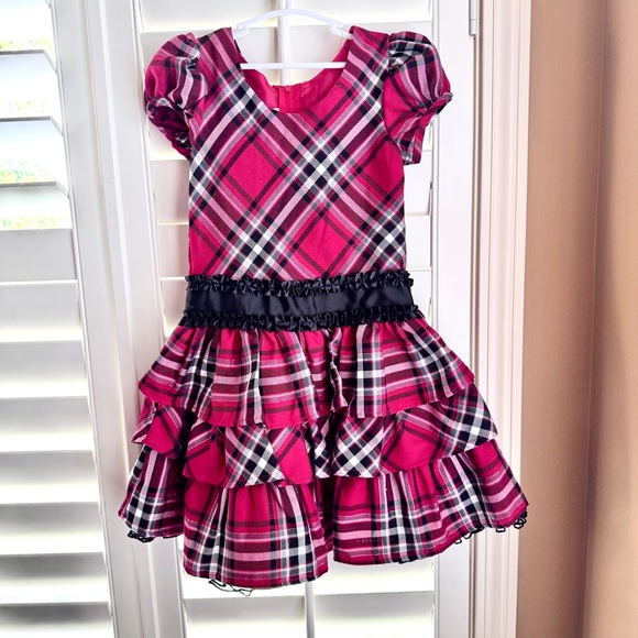Bonnie Jean Girls Plaid Holiday Party Dress Pink Black Ruffle Skirt Size 5 - Picture 1 of 7